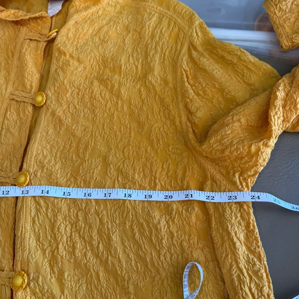 URU 100% Silk Yellow Crinkle Tunic Mandarin Collar Frog Toggle Lagenlook Large - Picture 8 of 14